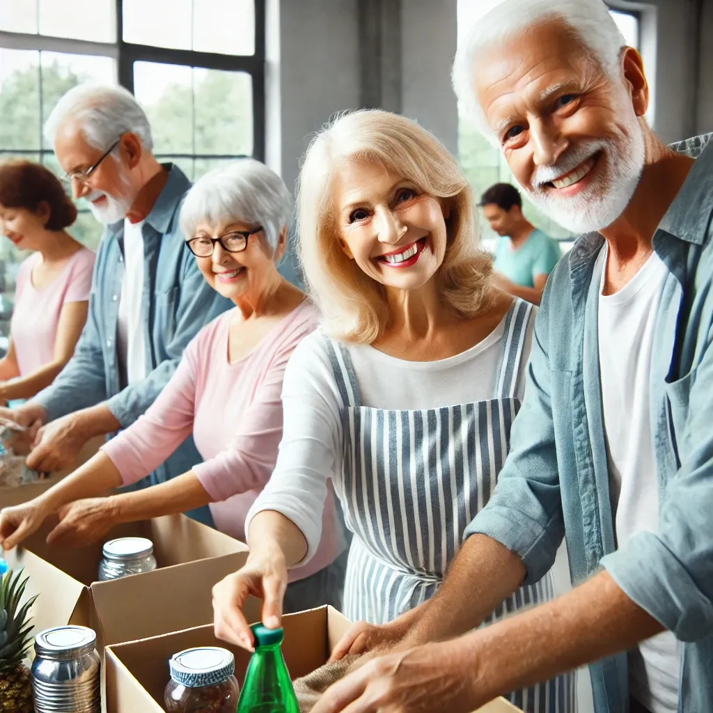 노인들이 자원봉사 활동에 참여하며 기부 물품을 정리하고, 음식을 나누며 지역 사회와 소통하는 장면. 치매 환자들을 위한 지원적이고 따뜻한 환경을 보여주는 모습.