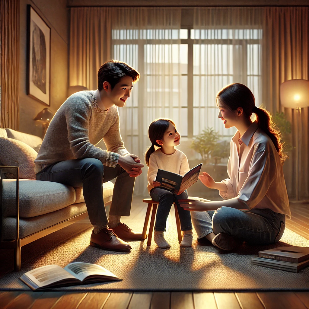 가족이 사랑과 지지를 전하며 함께 대화를 나누는 따뜻한 순간을 담고 있습니다. 아이의 성장을 응원하는 부모의 모습이 감동적으로 표현되었습니다.