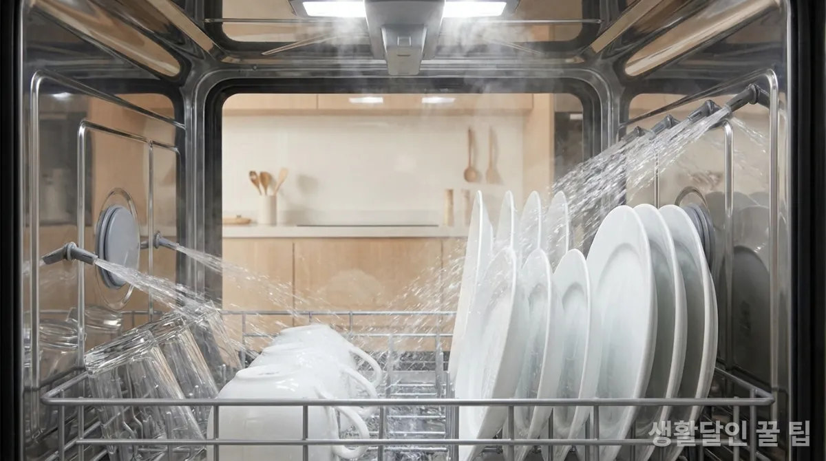식기세척기 내부의 고온수 세척 장면