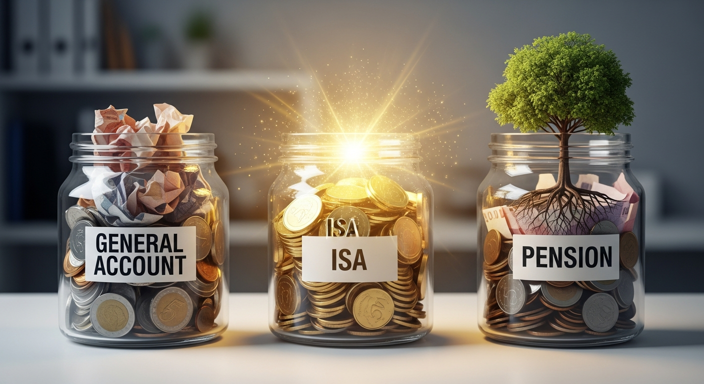 '일반 계좌', 'ISA', '연금' 세 개의 병을 비교하는 인포그래픽. ISA 병이 금빛으로 빛나고 있음. 교육용 금융 그래픽 스타일.