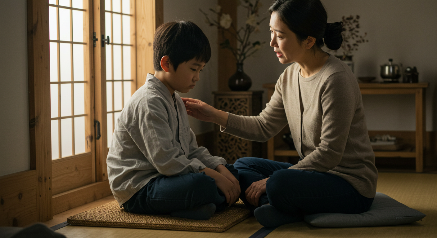 한국 남자아이와 엄마가 같이 앉아서 얘기를 나누고 있다.