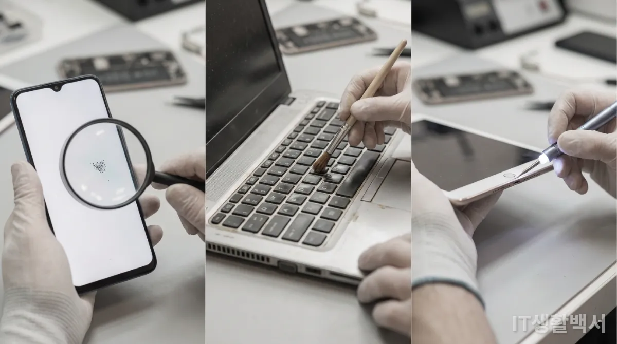 중고 스마트폰, 노트북, 태블릿을 꼼꼼히 검수하는 손