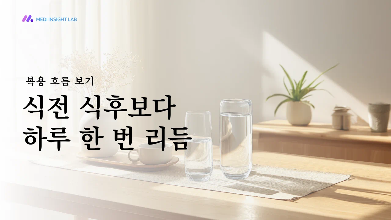아침 식탁 위 물컵과 작은 정제 하나, 복용 시간을 일정하게 지키는 일상 장면