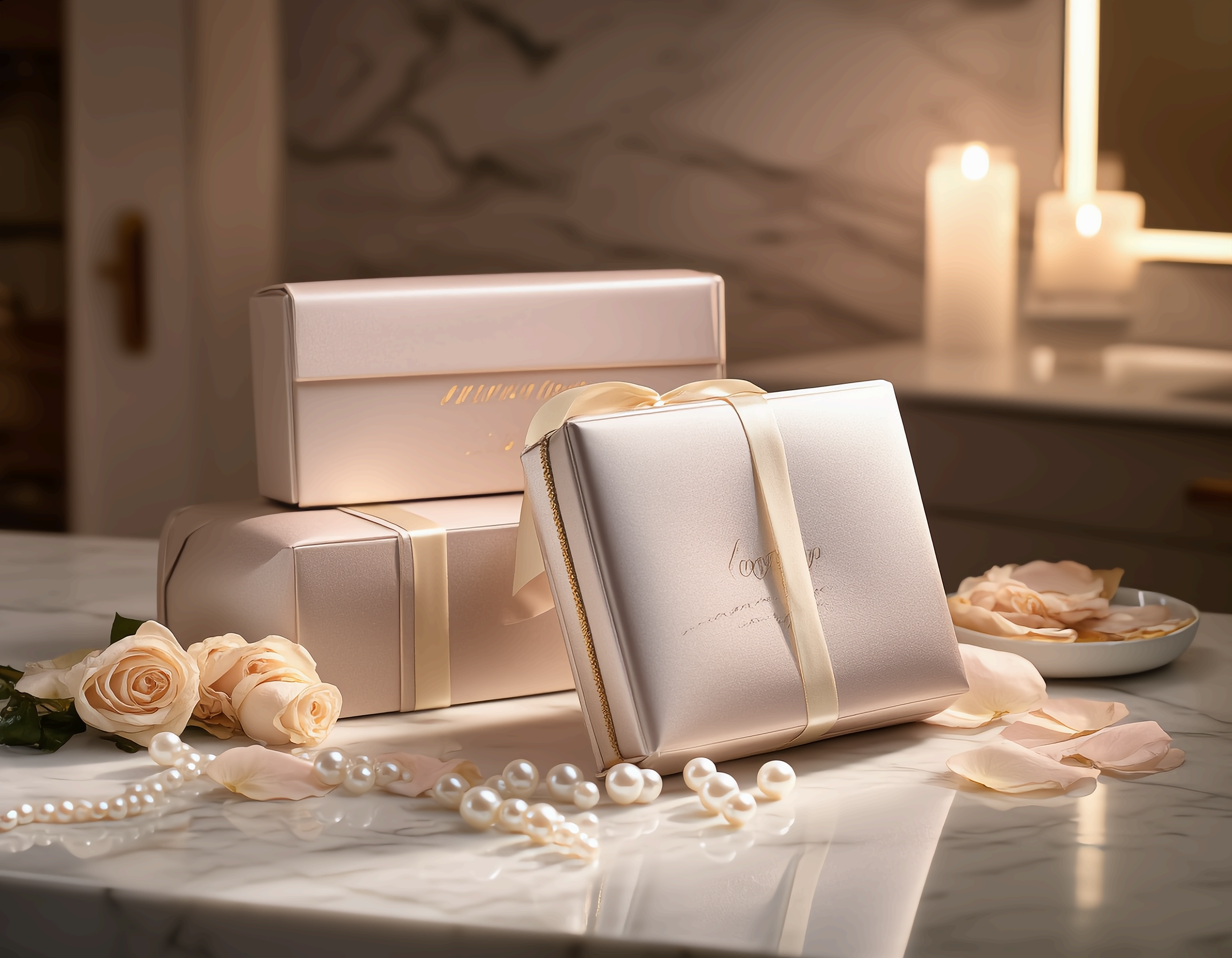 고급스러운 리본으로 포장된 화장품 선물 세트