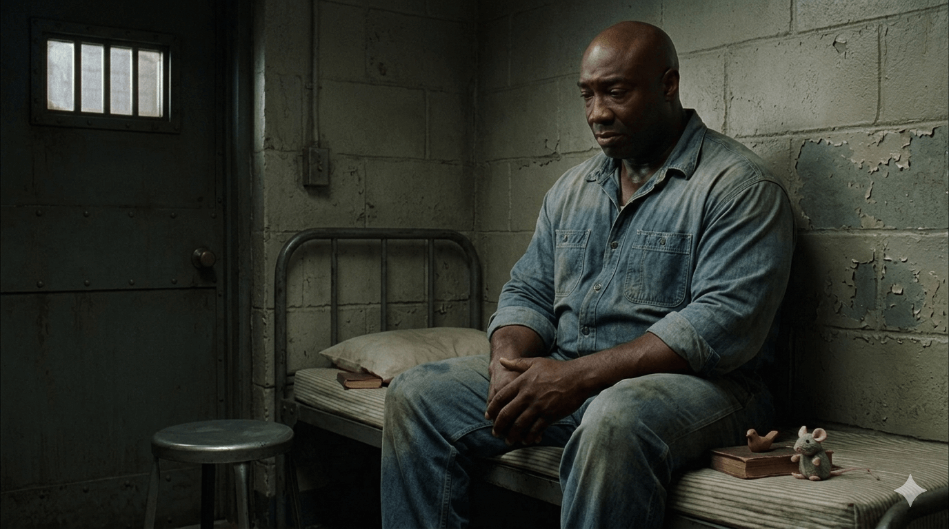 영화 그린마일의 주인공 존 커피가 어두운 감옥 안 침대에 앉아 슬픈 표정을 짓고 있는 모습. 그의 옆에는 작은 생쥐 징글스가 놓여 있다.