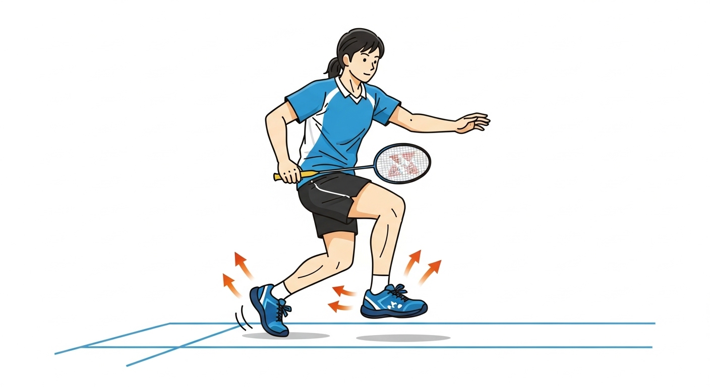 발목 부상 예방을 위한 배드민턴 선수의 정확한 착지 자세와 스텝을 보여주는 일러스트. 무릎을 구부려 충격을 흡수하고 균형을 유지하는 모습.