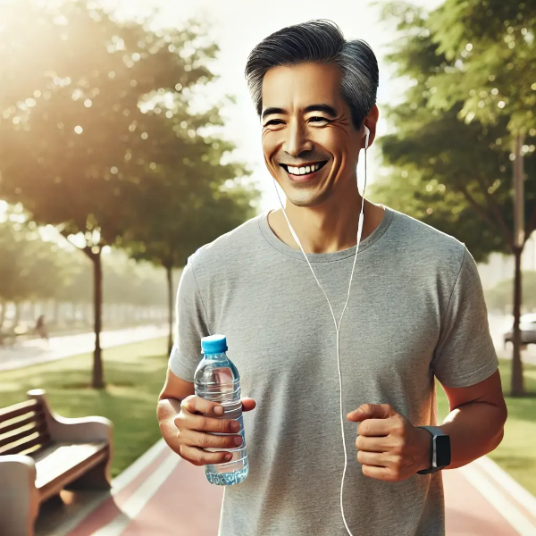 아침 햇살 속 공원 산책길에서 물병을 들고 미소 짓는 동양인 중년 남성의 초고해상도 사진