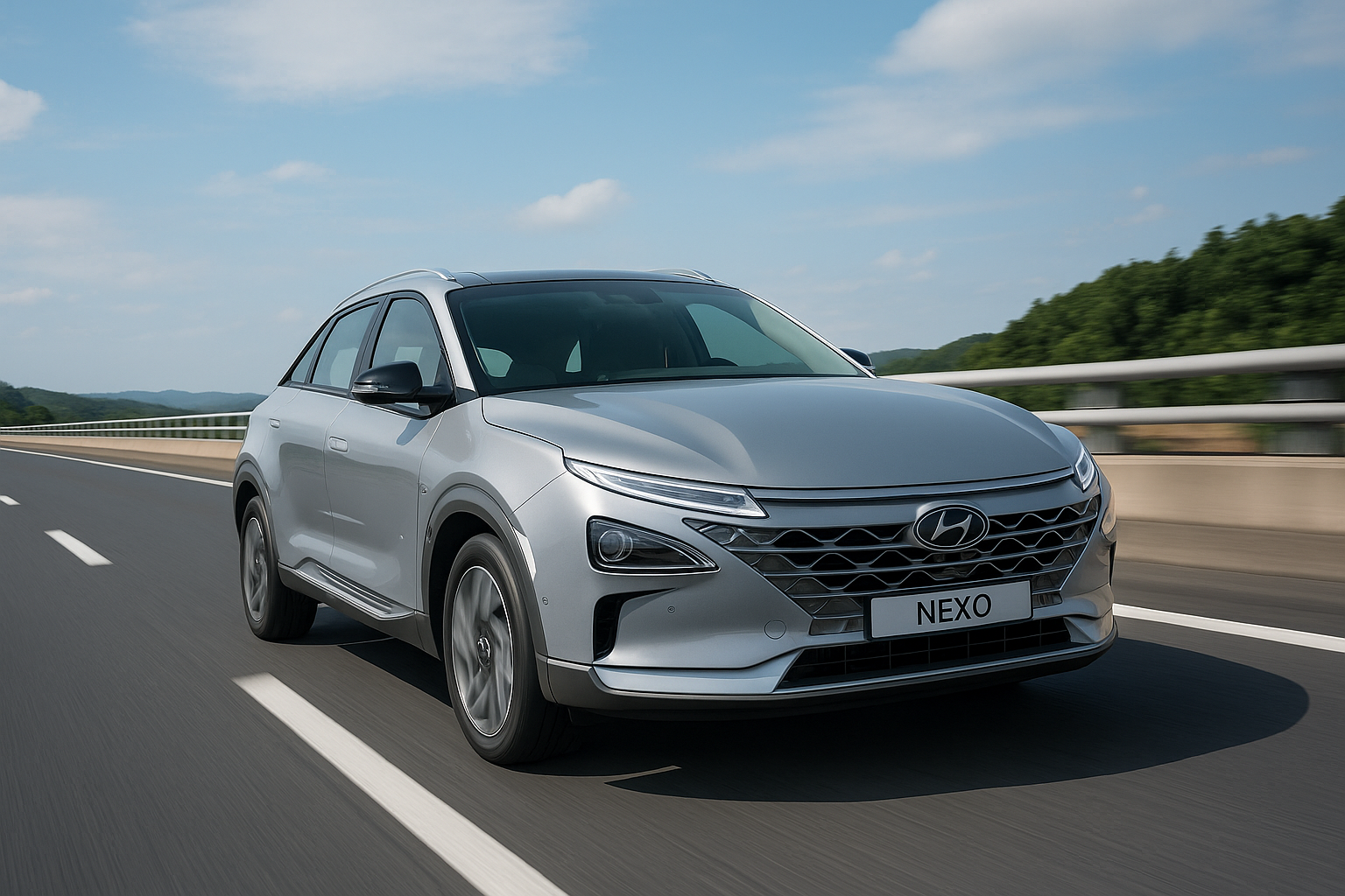 넥쏘 수소차가 고속도로를 주행하는 모습의 고화질 이미지, 파란 하늘과 초록 숲 배경