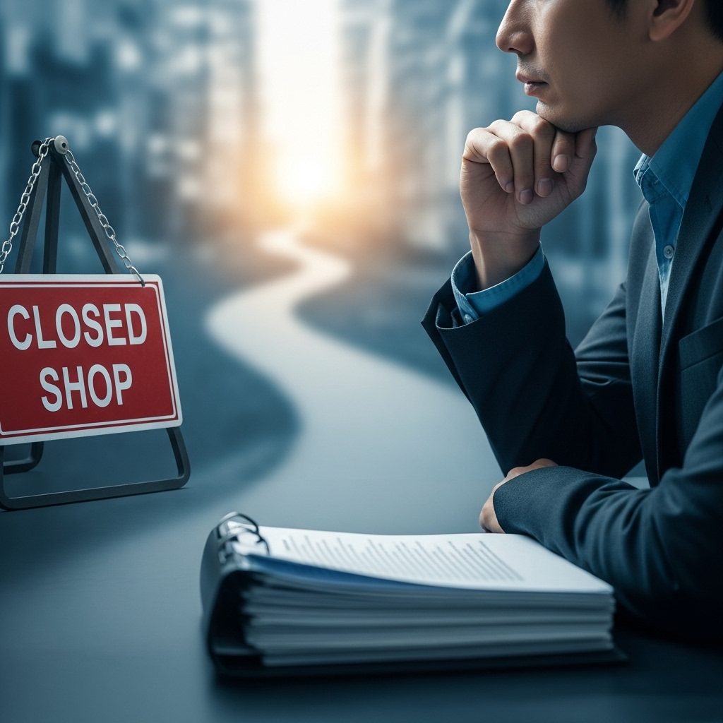 2025년 폐업지원금 관련 서류를 들고 고민하는 소상공인과 희망찬 새 길을 암시하는 풍경.