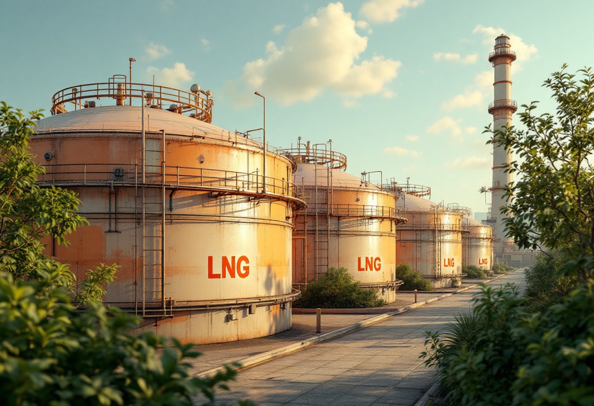 대규모 LNG 저장탱크 이미지. 천연가스 시장의 안정적인 공급망을 시각적으로 보여줍니다.