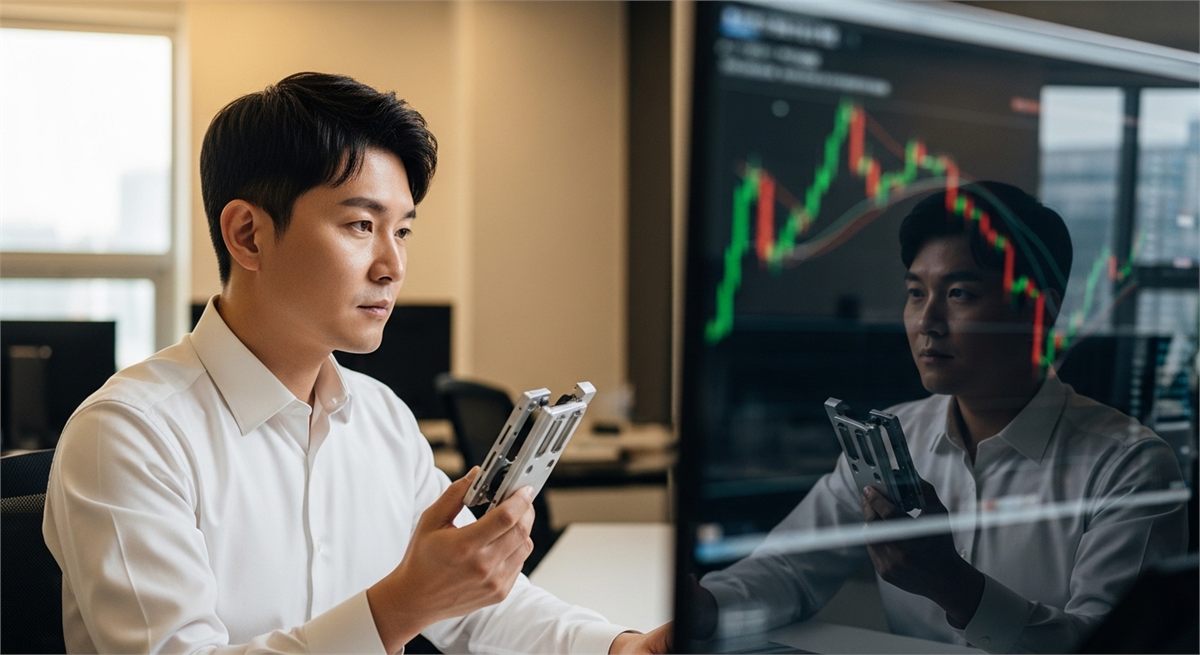 시장 화면을 보며 기술 테마를 해석하는 한국인 직장인 모습