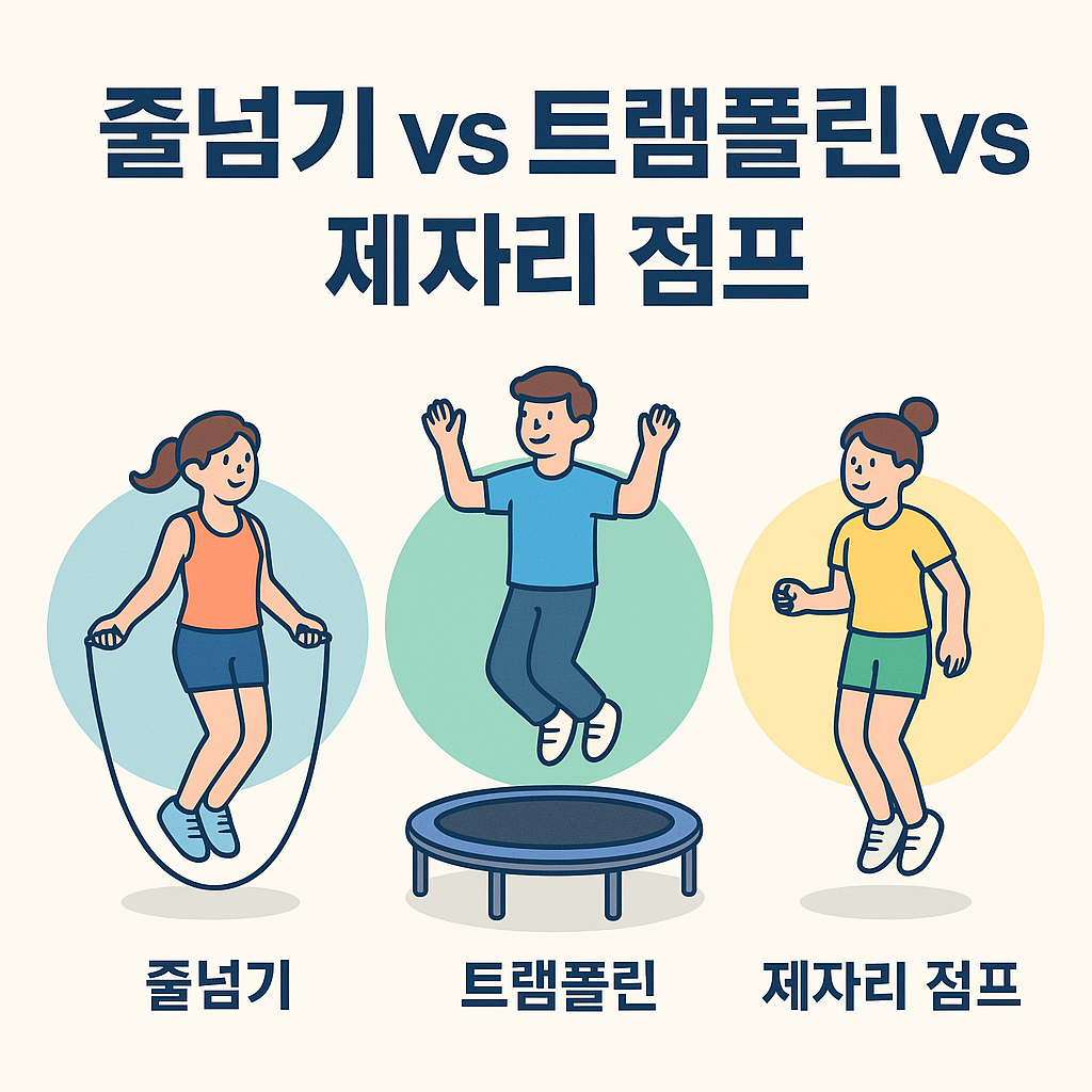줄넘기·트램폴린·제자리 점프 비교 일러스트 – 뼈 자극으로 보는 키 성장 최적 운동