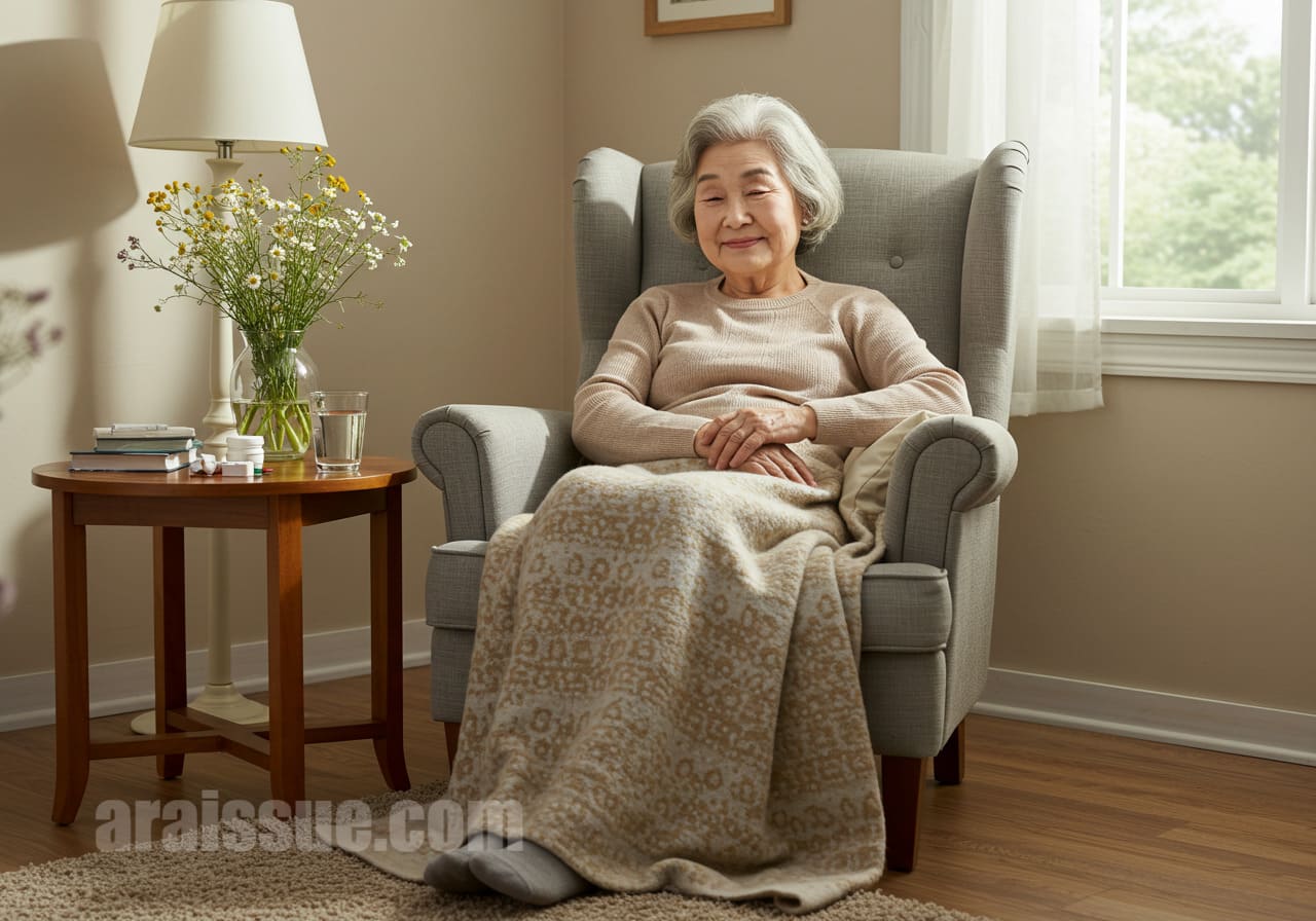 예방접종을 마친 후 집에서 담요를 덮고 조용히 쉬고 있는 고령자의 모습.
회복을 위한 안정된 환경을 강조한 이미지입니다.
