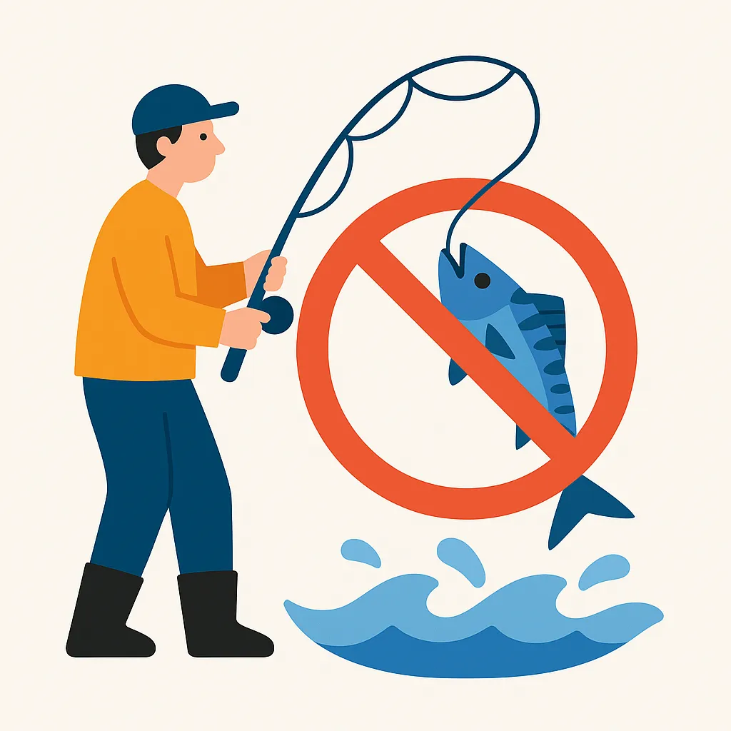 삼치 낚시 중인 낚시꾼과 함께 금지 표시가 강조된 플랫 일러스트