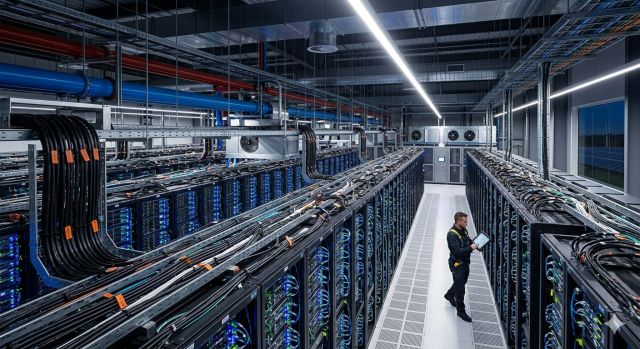 AI 데이터센터에서 전력 효율과 GPU 전력 소비 구조를 보여주는 장면