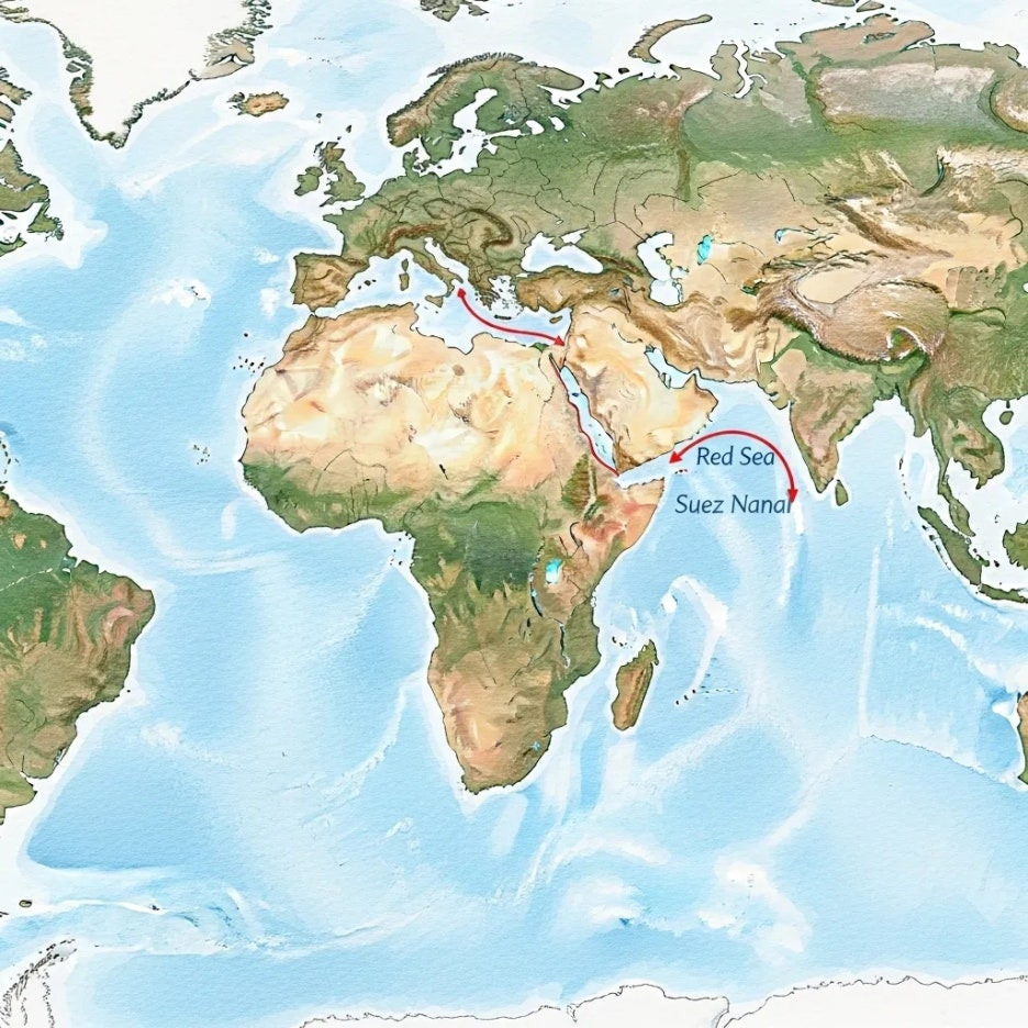 세계지도 속 홍해의 지리적 위치를 나타낸 그림