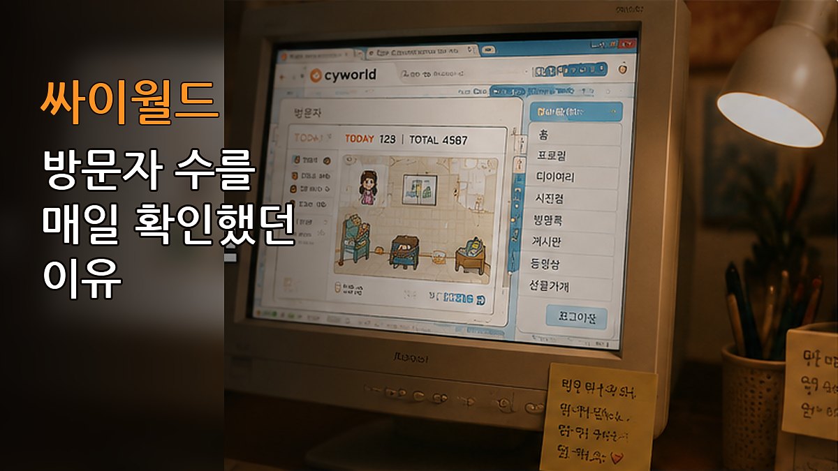 브라운관 모니터에 열린 싸이월드 미니홈피 화면과 &lsquo;싸이월드 방문자 수를 매일 확인했던 이유&rsquo;라는 제목