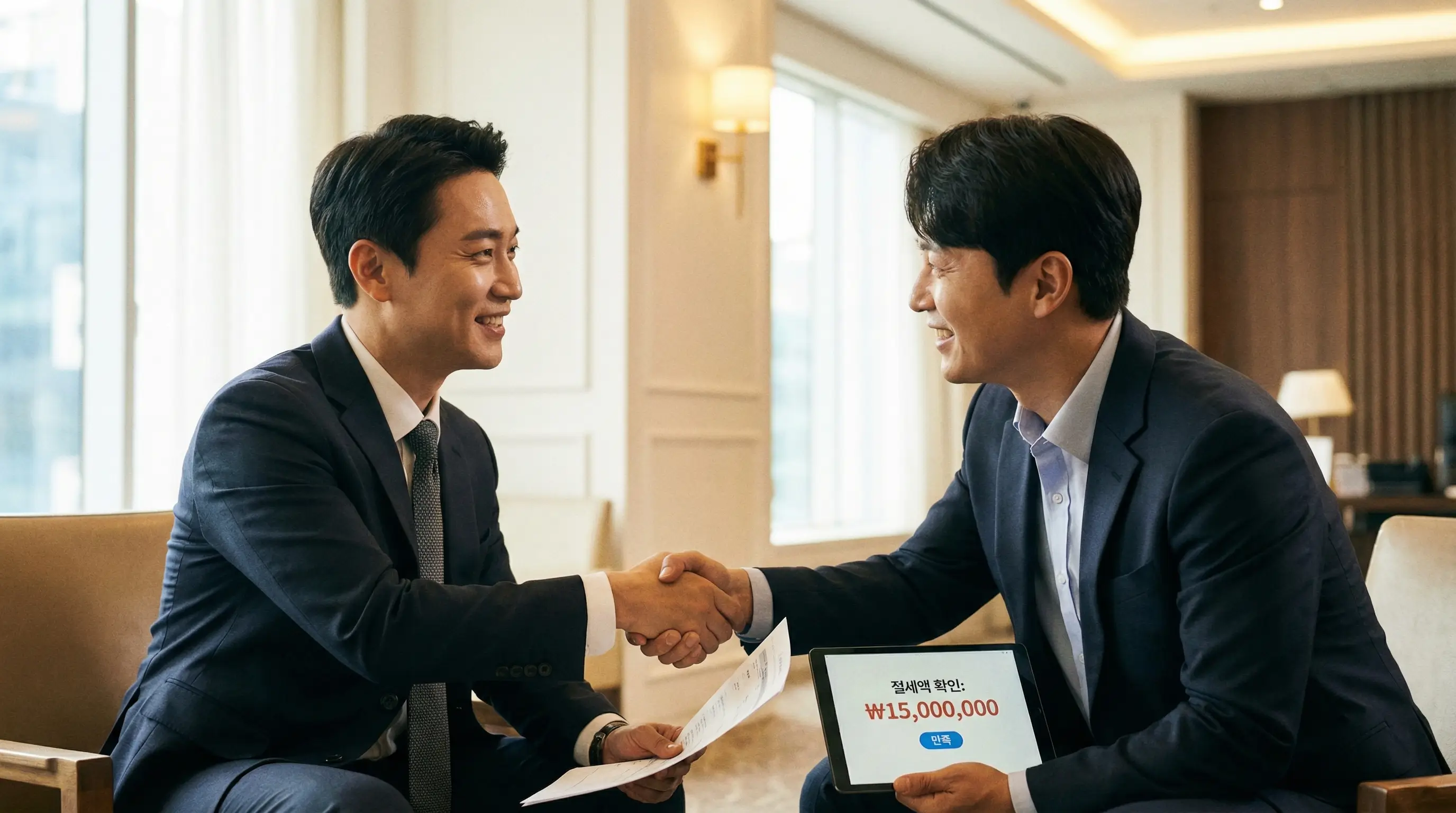 전문 세무사와 상담 후 절세된 세금 내역을 확인하고 만족해하며 악수하는 모습
