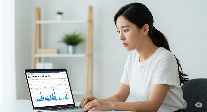 젊은 여성이 노트북 화면에서 블로그 광고 배치 분석 차트를 보며 고심하는 모습