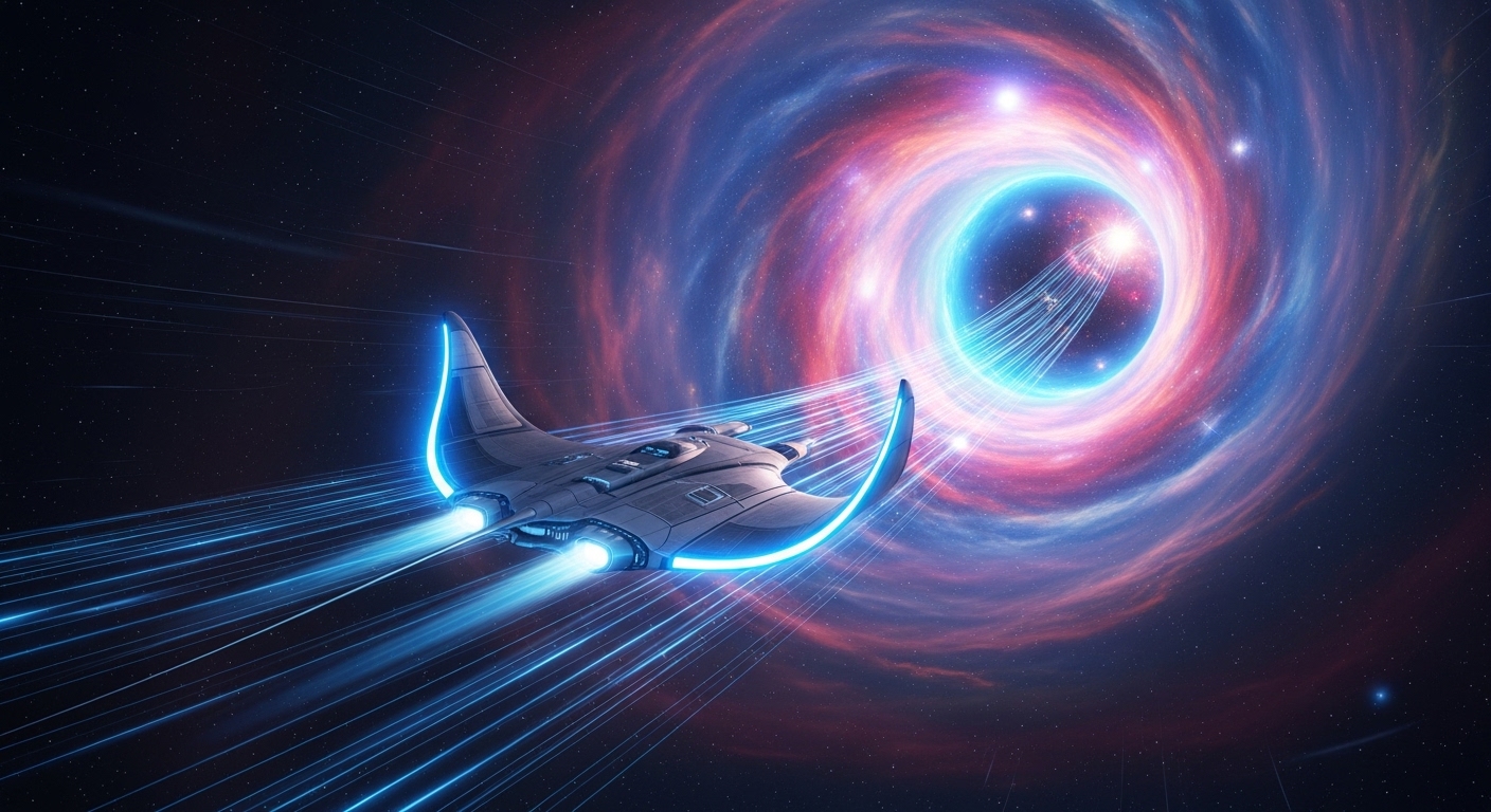 웜홀을 통해 우주를 가로지르는 우주선의 이미지