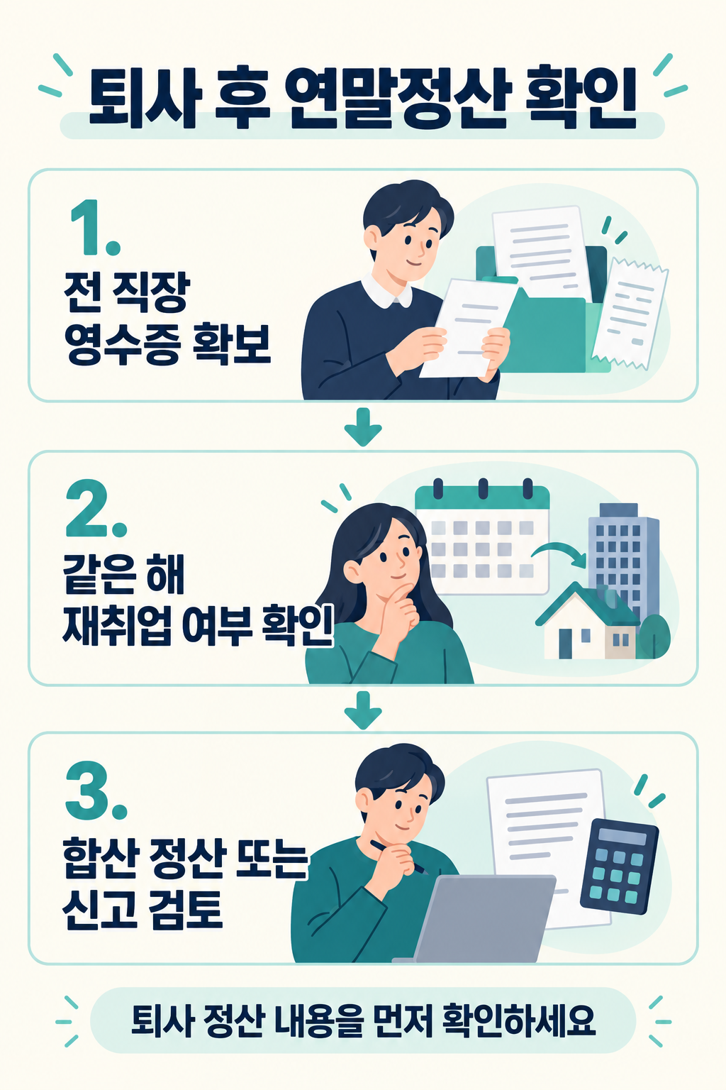 퇴사 후 전 직장 영수증을 받고 재취업 여부에 따라 합산 정산 또는 신고를 준비하는 순서