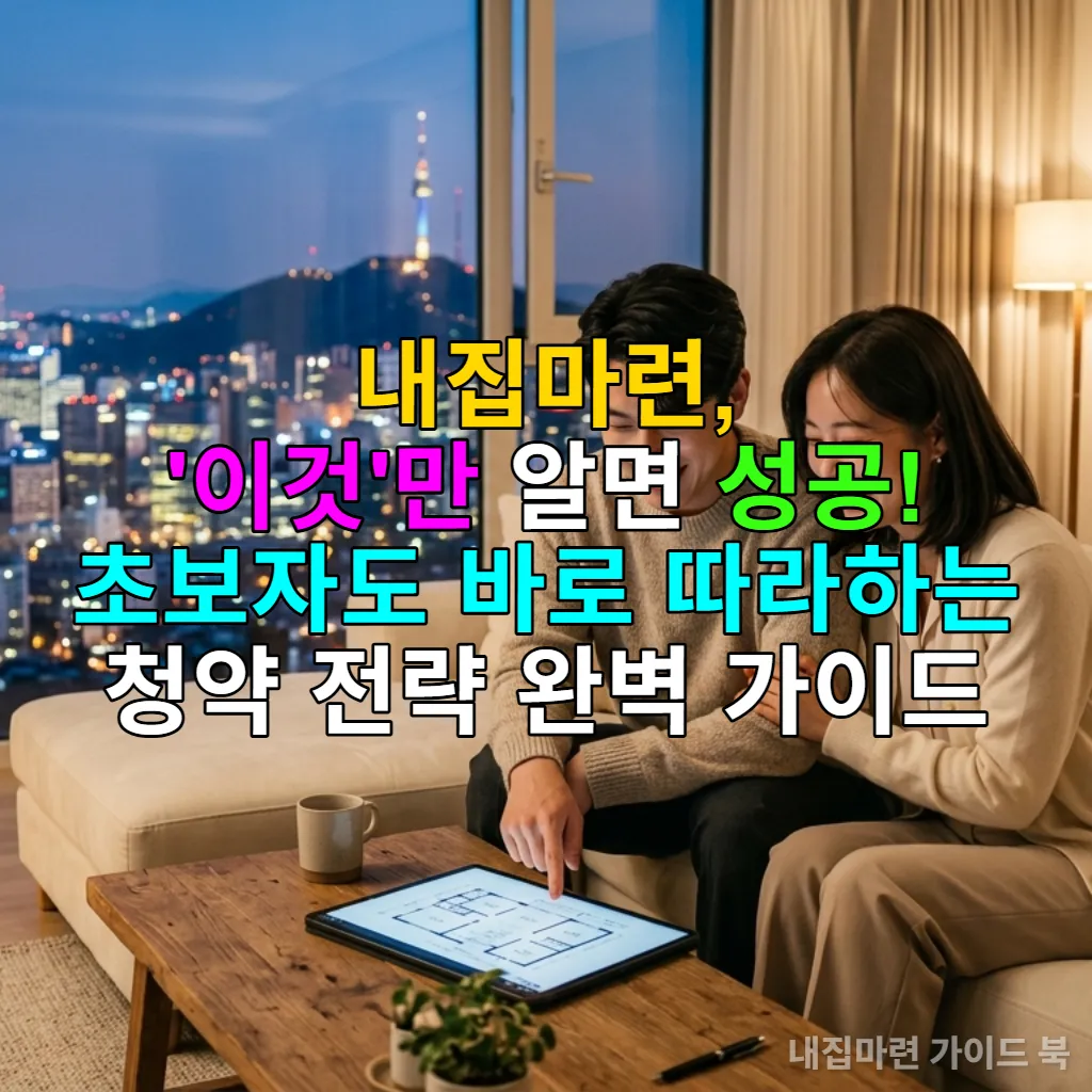 태블릿으로 아파트 도면을 보며 내집마련의 꿈을 꾸는 젊은 한국인 부부의 모습