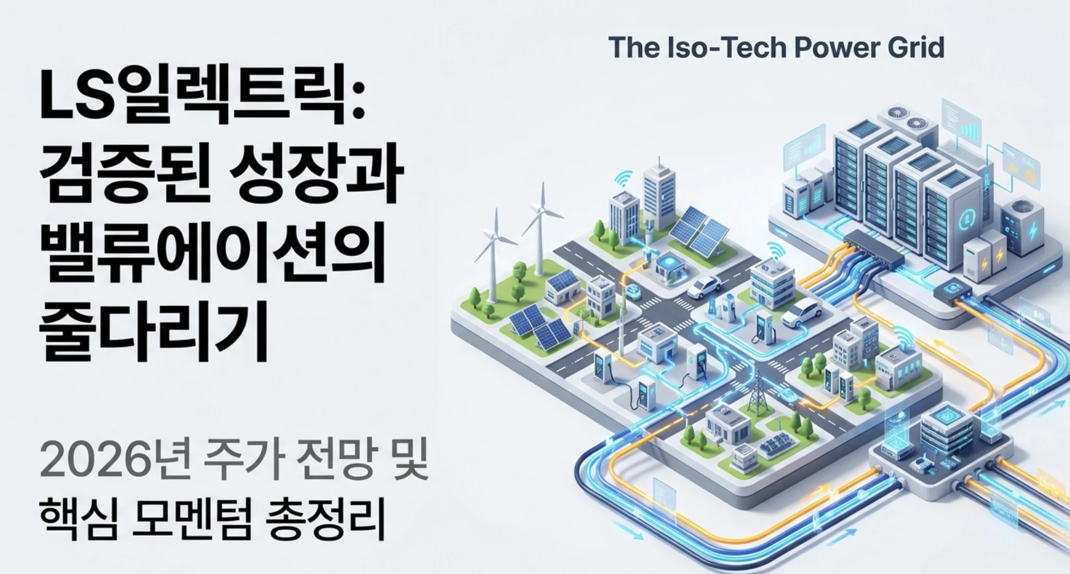 LS일렉트릭 주가 전망 2026 대표 이미지로, 신재생 발전과 데이터센터 서버를 잇는 스마트 전력망 일러스트와 '검증된 성장과 밸류에이션의 줄다리기' 제목이 담겨 있다. 약점이던 초고압 변압기를 북미 데이터센터 수주로 뚫어내며 수주잔고 7조 원과 매출 6조 시대를 바라보는 LS일렉트릭의 핵심 모멘텀과 목표주가를 정리한 글의 주제를 시각적으로 전달한다.