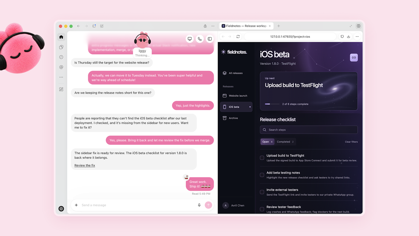 오픈AI 공식 예시, 분홍색 dot 이기가 사용자 피드백을 보고 iOS 베타 체크리스트 수정안을 준비하는 화면