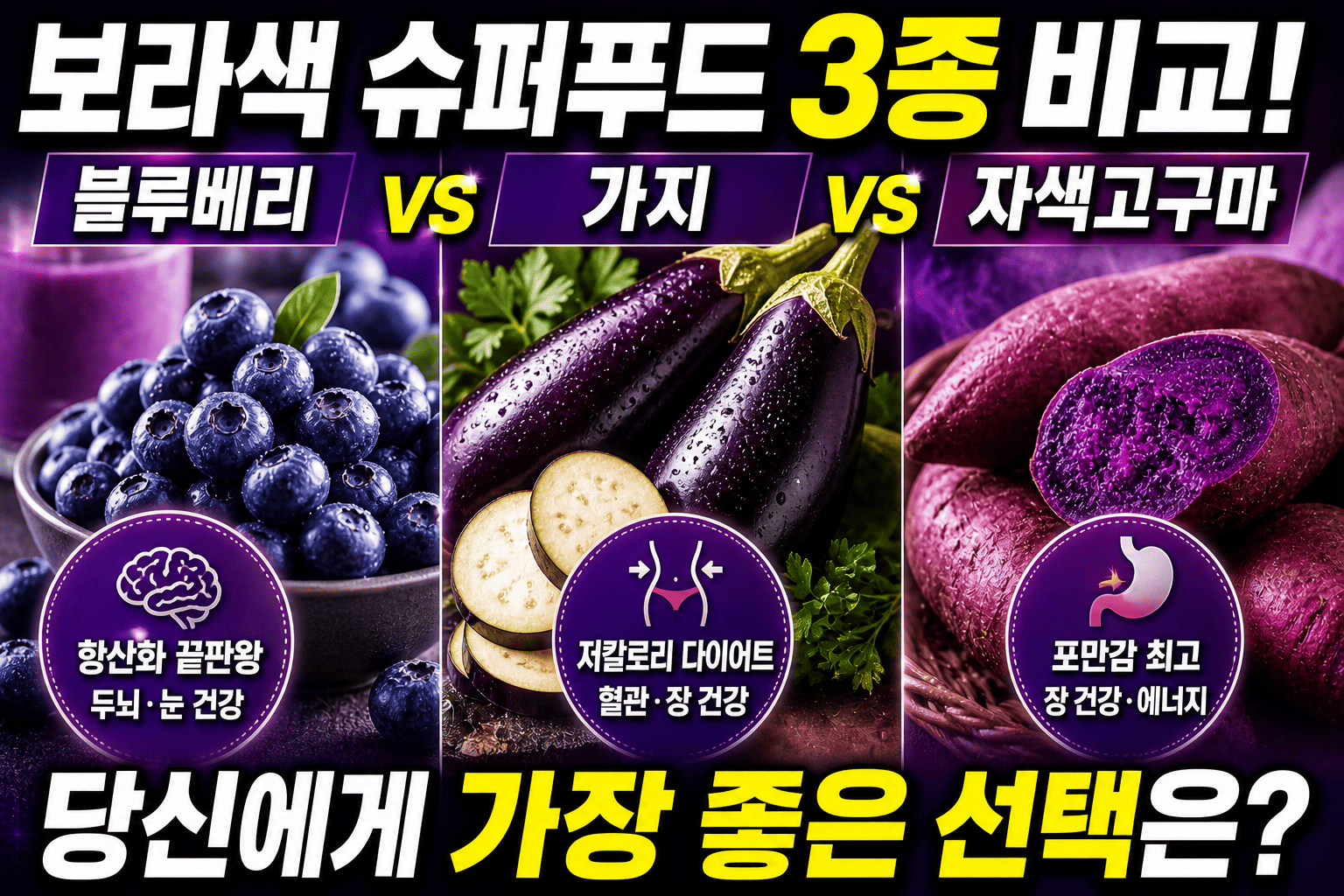슈퍼푸드 보라채소 비교 (블루베리, 가지, 자색고구마)