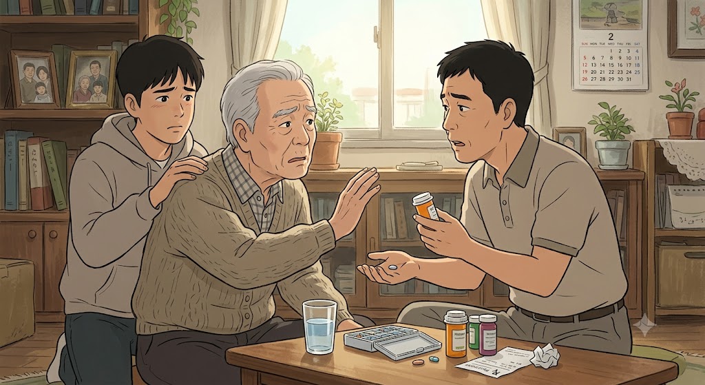 건망증으로 약을 안드시려는 아버님에게 약을 먹이려는 자식들의 모습