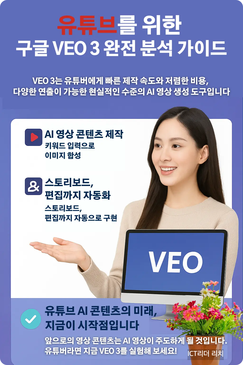 유튜버를 위한 구글 VEO 3 분석 &ndash; 밝고 환한 피부의 20대 여성, AI 영상 콘텐츠를 설명하는 모습의 고화질 인포그래픽