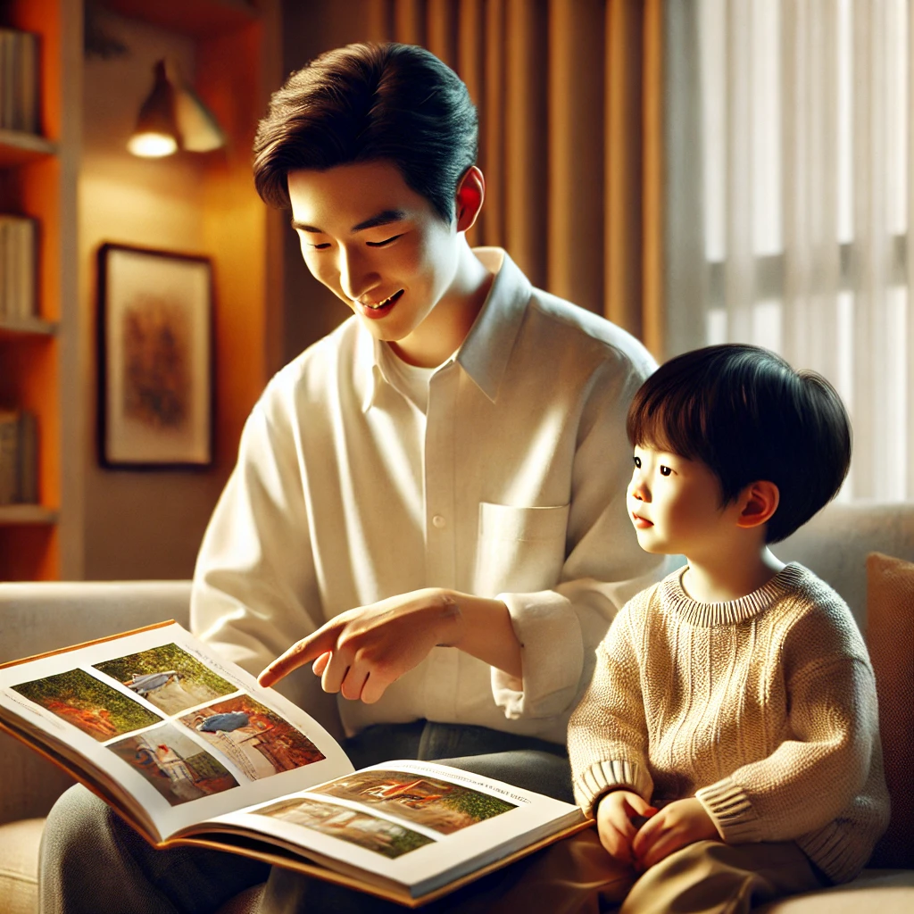 아버지가 거실에서 아들에게 동화책을 읽어주는 모습. 아버지는 책 속 그림을 가리키며 아들에게 설명하고, 아들은 소파에 앉아 집중해서 듣고 있습니다. 방 안은 따뜻하고 아늑한 분위기로 꾸며져 있습니다
