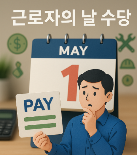 근로자의 날을 기념하며 수당을 계산하는 노동자의 밝은 일러스트, 달력과 돈 아이콘이 포함됨