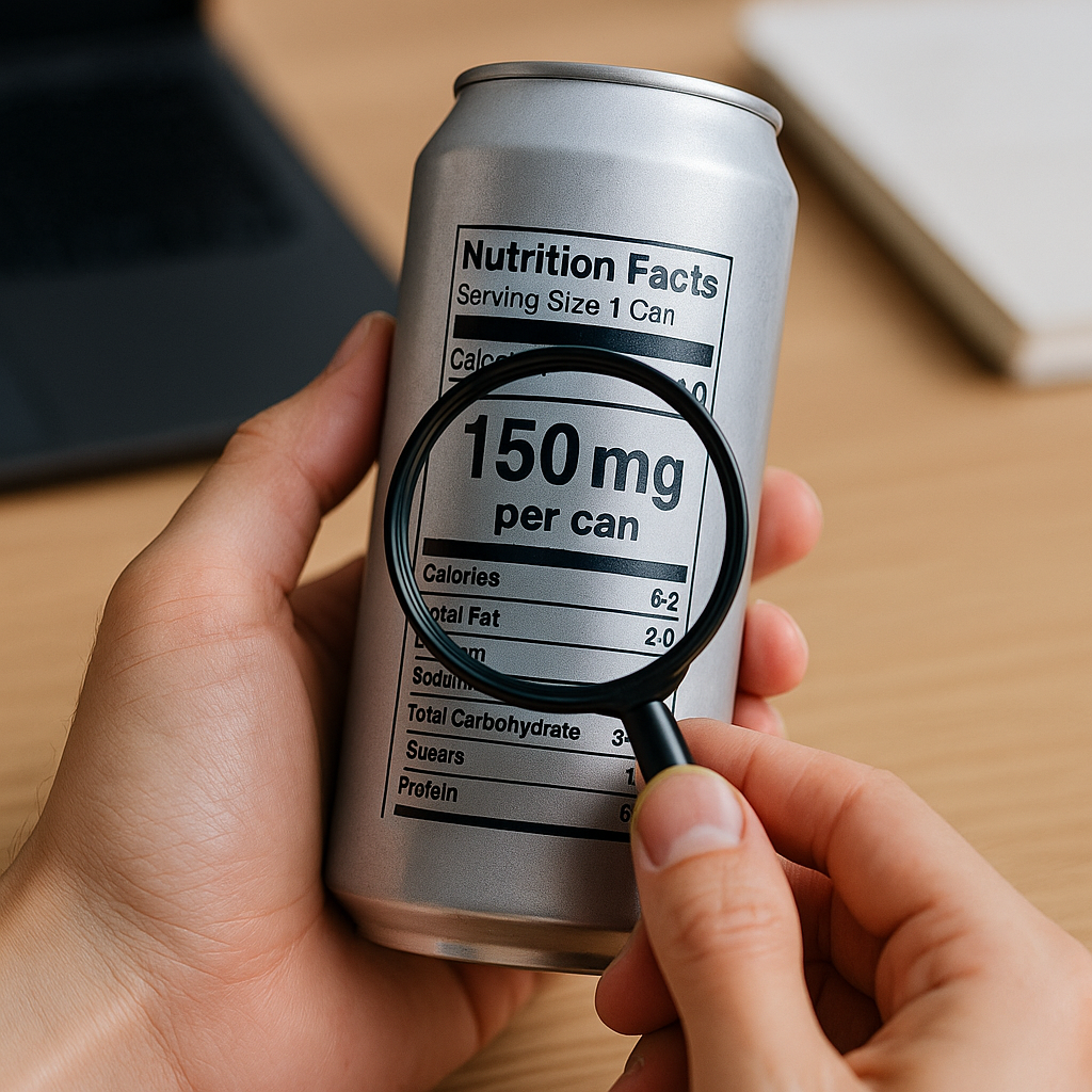 돋보기로 에너지드링크 캔의 영양정보와 카페인 함량을 확인하는 손