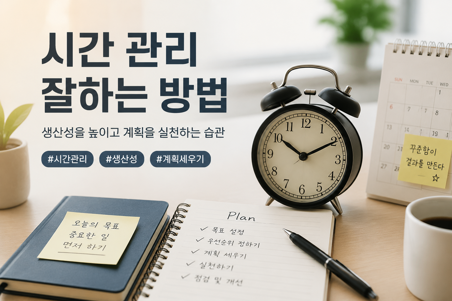 효율적인 시간 관리와 목표 달성을 위한 계획표와 시계가 있는 업무 공간 이미지