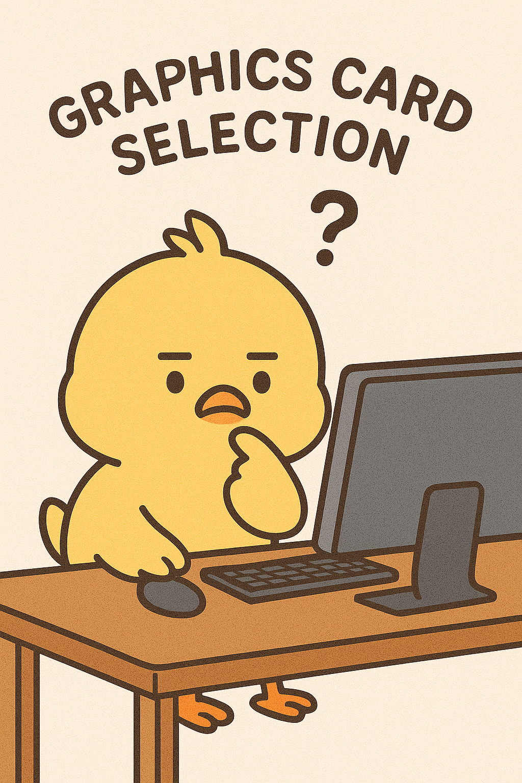 그래픽카드 선택에 고민하는 귀여운 삐약이 캐릭터 일러스트