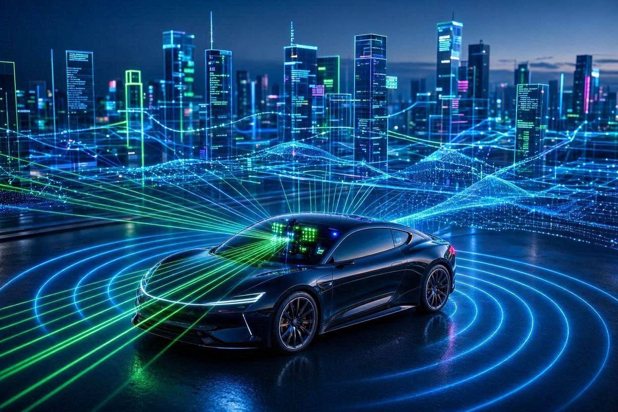 Abstract 3D visualization of a sleek autonomous vehicle scanning a futuristic neon-lit city with glowing LiDAR lasers and mapping data streams.