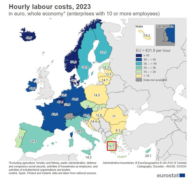 그리스가 유럽에서 시간당 노동 비용이 15에서 20유로 사이