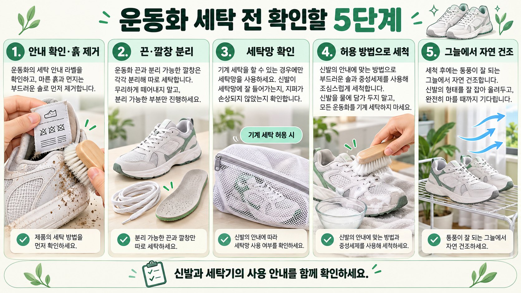 운동화 안내 확인과 흙 제거, 부품 분리, 세탁망 확인, 허용된 세척과 자연 건조의 5단계