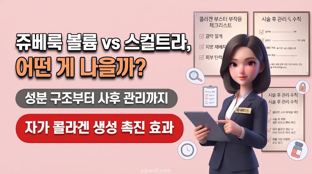 쥬에디트(juju-edit) 브랜드의 스킨 부스터 시술 비교 인포그래픽: 쥬베룩 볼륨과 스컬트라의 특징과 효과, 자가 콜라겐 생성 촉진 효과 설명