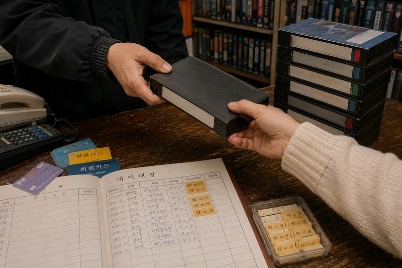 비디오 대여점 계산대에서 주인과 손님이 검은색 비디오테이프를 주고받는 모습