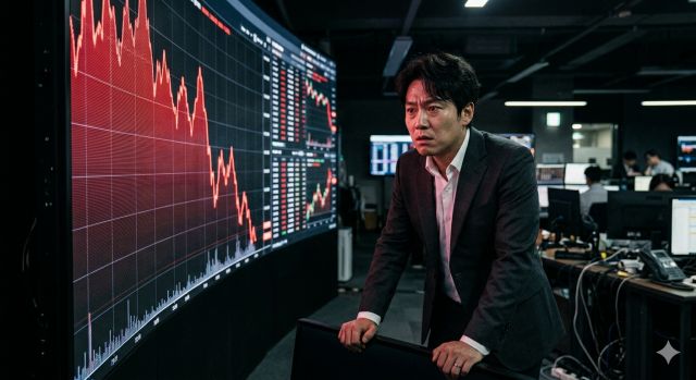 코스피 급락 상황에서 투자자가 하락 그래프를 보며 고민하는 현실적인 장면