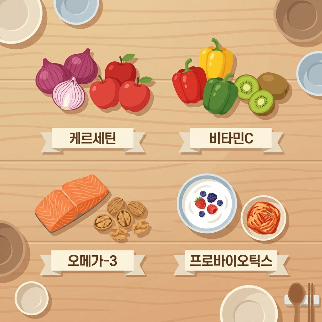 케르세틴 비타민C 오메가3 프로바이오틱스 비염 영양소 일러스트