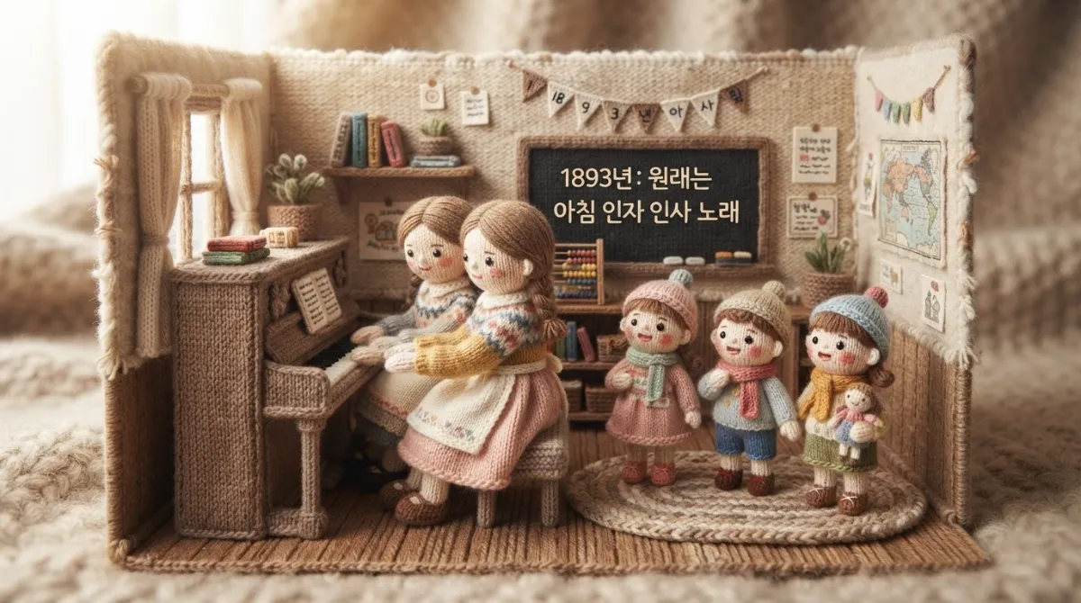 1893년 켄터키 유치원 교실에서 양털 인형 힐 자매가 피아노로 'Good Morning to All'을 가르치는 따뜻한 손뜨개 니트 옛 교실 풍경