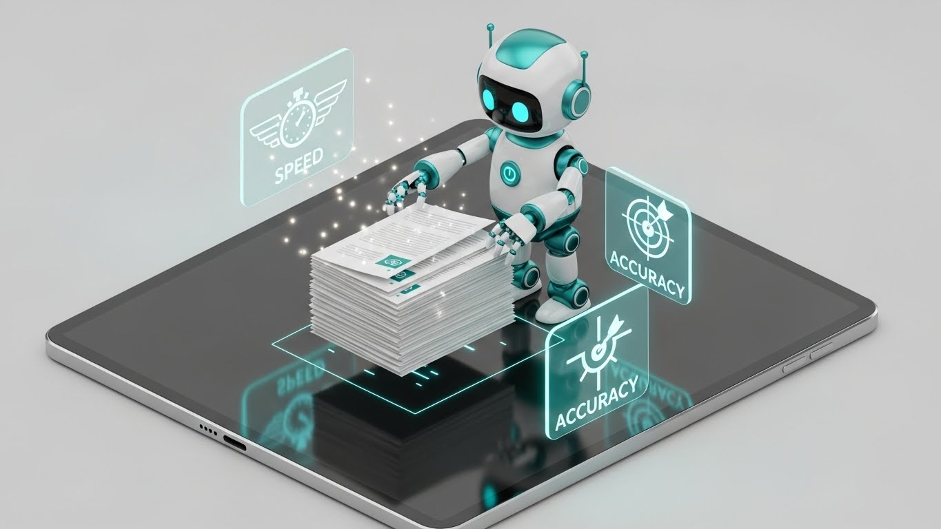 인공지능 로봇이 복잡한 지식 정보를 체계적인 전자책으로 빠르게 가공하는 과정을 표현한 그래픽