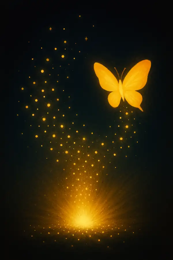 작은 빛들이 모여 밝은 중심 광원을 이루고, 나비가 날아오르며 회복과 희망의 확산을 상징하는 팀 버튼풍 감성 일러스트
