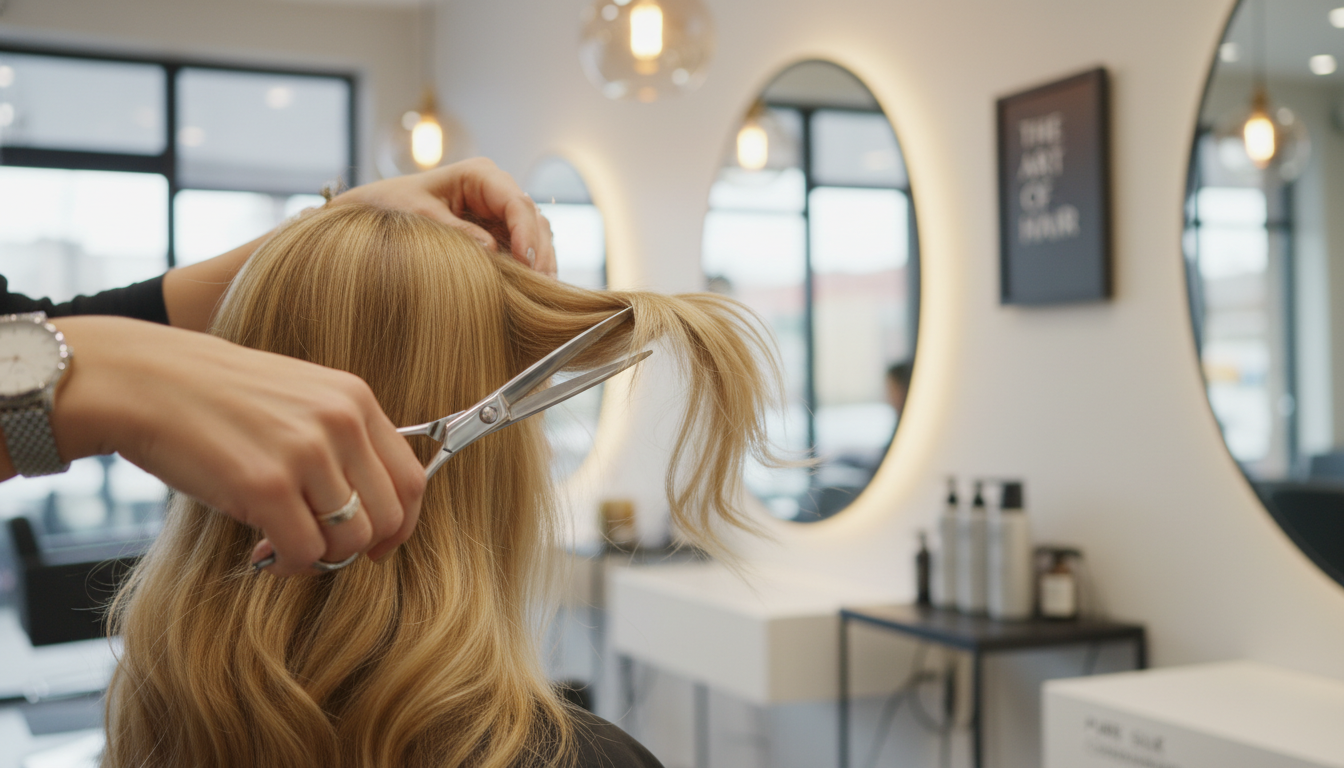 미용실에서 긴머리 레이어드 컷 질감 처리를 시술하는 디자이너의 손길