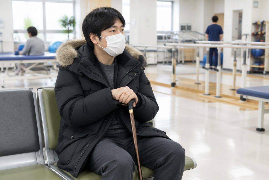 외래 재활 대기실에서 마스크를 쓴 편마비 환자