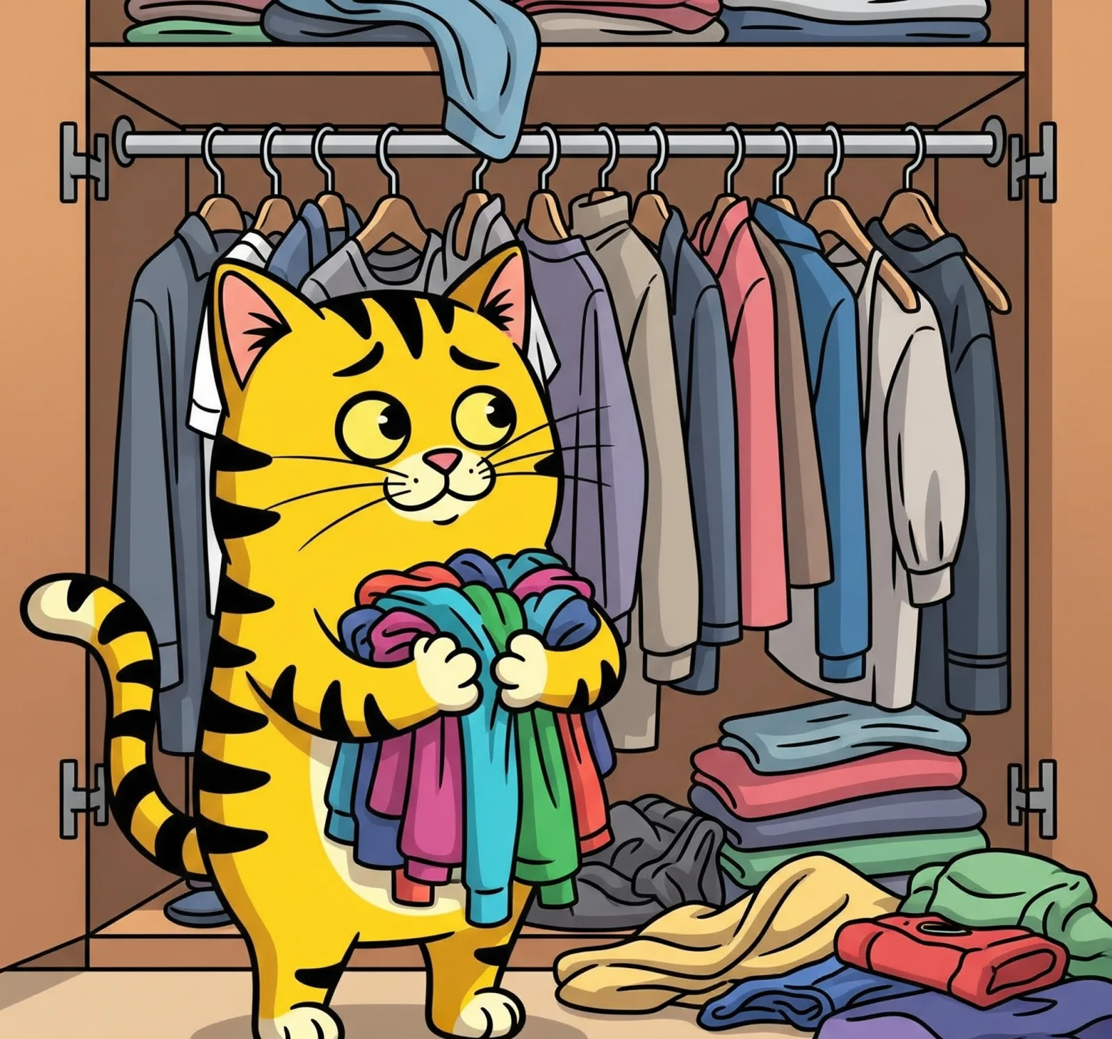 어지러운 옷장 앞에 서 있는 고양이, A cat standing in front of a dizzying wardrobe