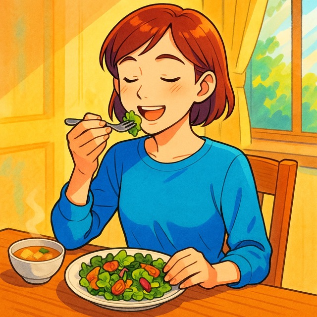 밝은 햇살 아래, 건강한 샐러드를 천천히 즐기며 식사하는 젊은 여성(출처: 자제제작)